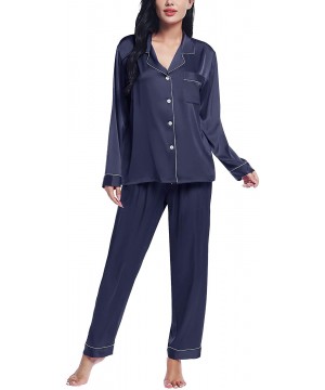 Sets Womens Satin Silky Short Sleeve Button Up/Down Summer Pajama/Pj Shorts Set - Long-navy Blue - C6197Y6OM7D