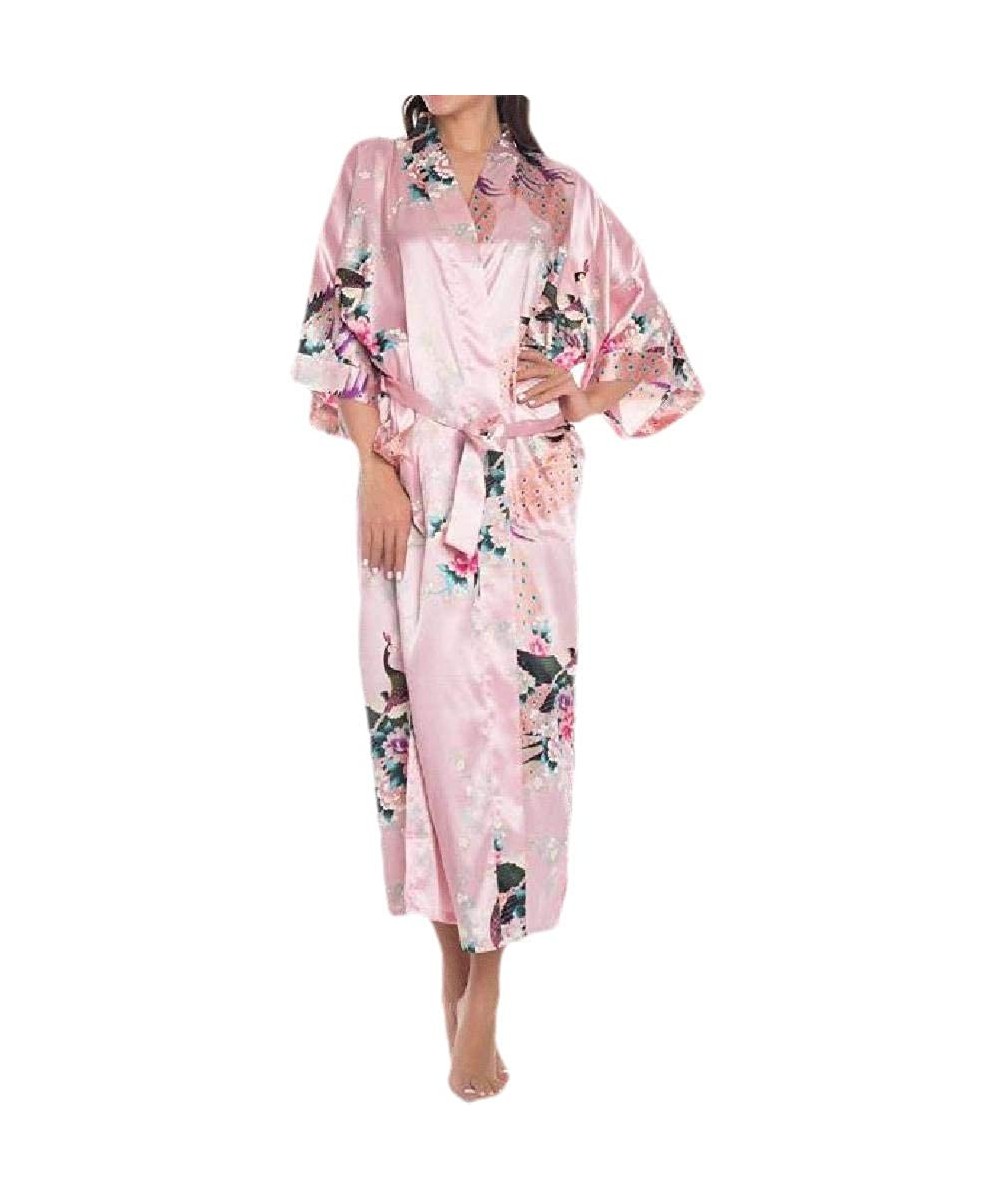 Robes Women's Belt Comfort Soft Plush Charmeuse 3/4 Sleeve Style Wrap Robe - Pink - CF199UEID8D