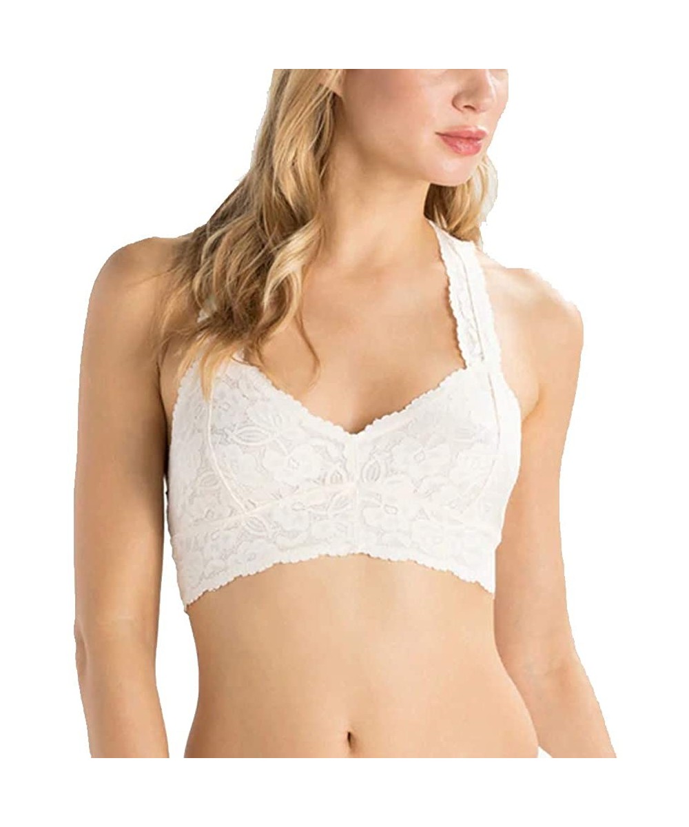 Bras Lace Racerback Bralette Unpadded Deep V Neck Crop Top Wireless Bra - Beige - CY18TDL65GI