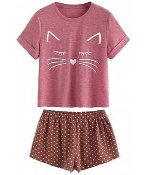 Sets Women's O-Neck Shorts Sleepwear Cute Cat Print Short Sleeve Pajama Lounge Set - Red - C418S4IRUCX