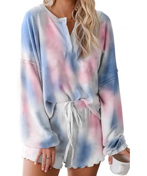 Sets Shorts Pajamas Set for Women Tie Dye Printed Ruffle Long Sleeve Tops and Short Pants PJ Set Sleepwear Outfits Blue - CP1...