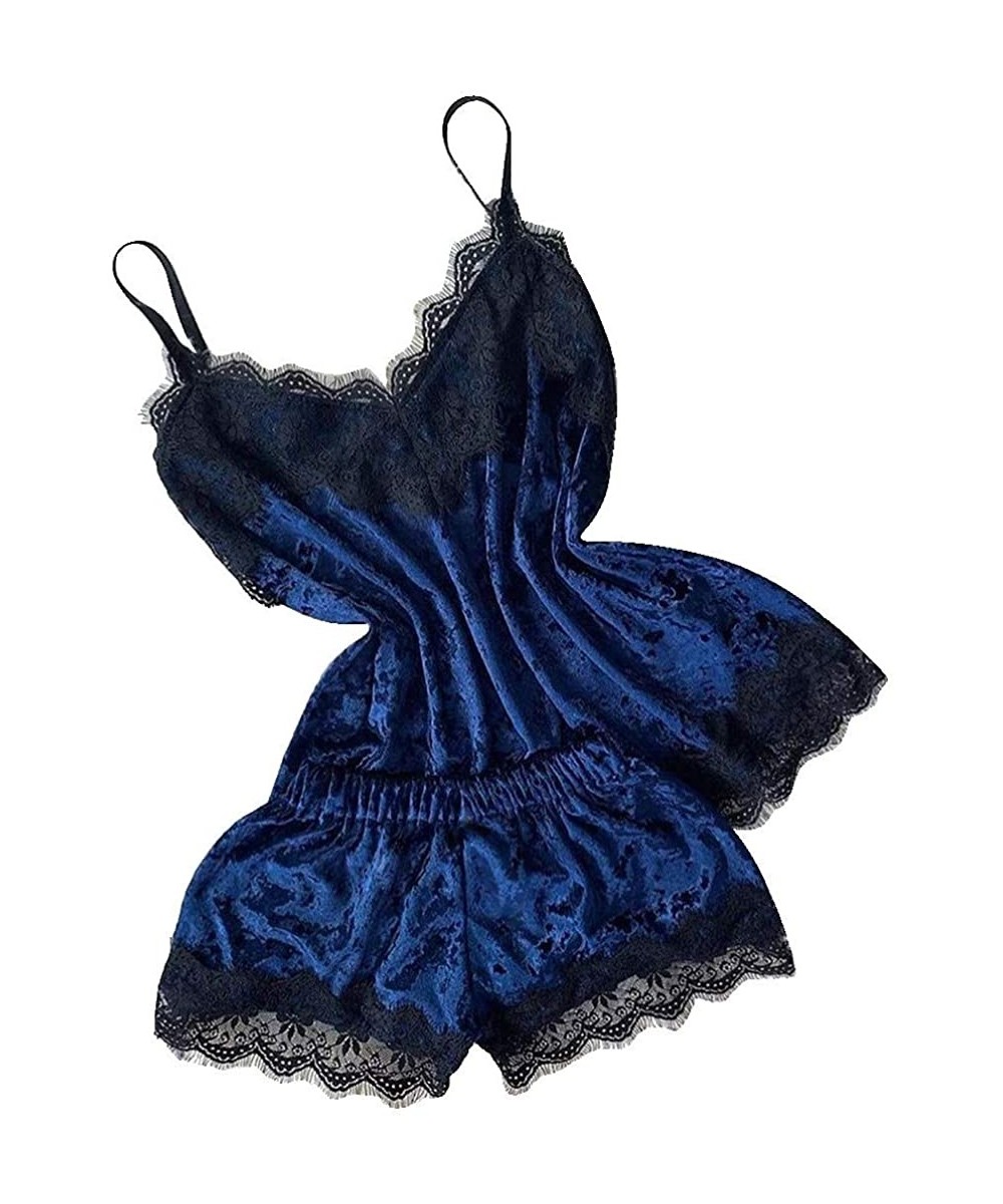 Sets Women's Two Piece Sexy Sleepwear Satin Lingerie Sleeveless Strap Nightwear Lace Trim Pajama Sets - Z_blue - CZ193E2TEKA