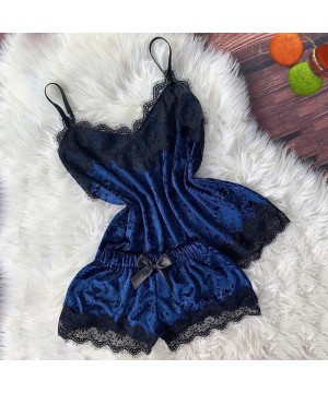 Sets Women's Two Piece Sexy Sleepwear Satin Lingerie Sleeveless Strap Nightwear Lace Trim Pajama Sets - Z_blue - CZ193E2TEKA