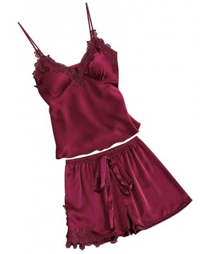 Sets Womens Lingeries Sexy Satin Sling Sleepwear Lace Bowknot Nightdress Underwear Set Thin Camisoles - Wine - C318S63EZO2