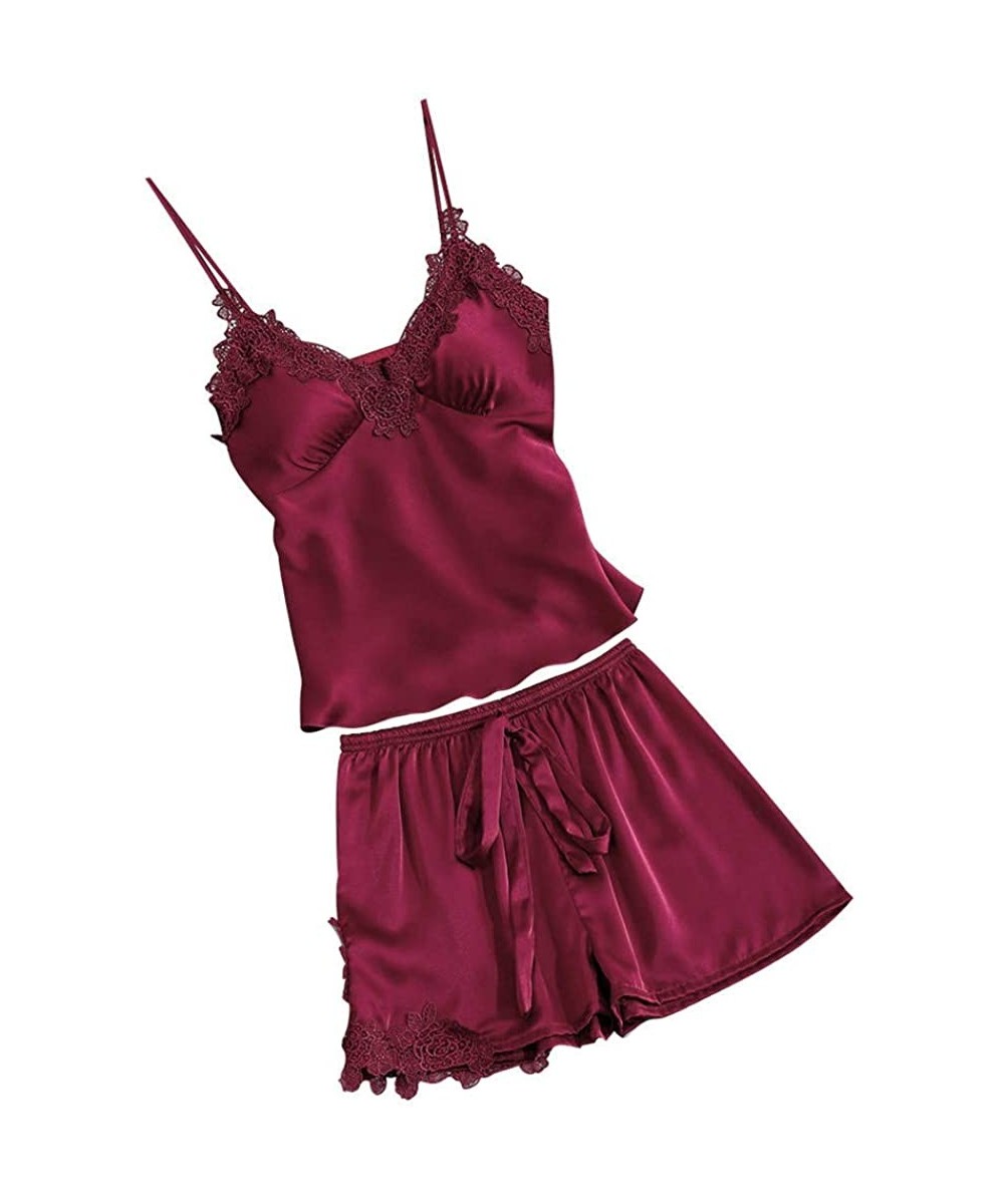 Sets Womens Lingeries Sexy Satin Sling Sleepwear Lace Bowknot Nightdress Underwear Set Thin Camisoles - Wine - C318S63EZO2