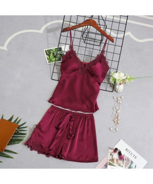 Sets Womens Lingeries Sexy Satin Sling Sleepwear Lace Bowknot Nightdress Underwear Set Thin Camisoles - Wine - C318S63EZO2