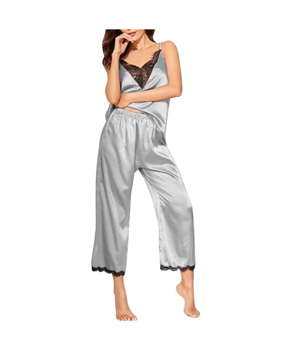 Sets Womens Sexy Cami Silk Pajamas Set Soft Satin Lace-Like Nightwear Pajamas Lingerie. - Grey - CO18Z5ARZKU