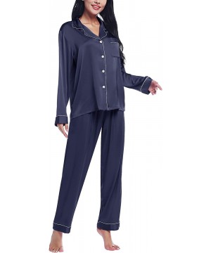 Sets Womens Satin Silky Short Sleeve Button Up/Down Summer Pajama/Pj Shorts Set - Long-navy Blue - C6197Y6OM7D