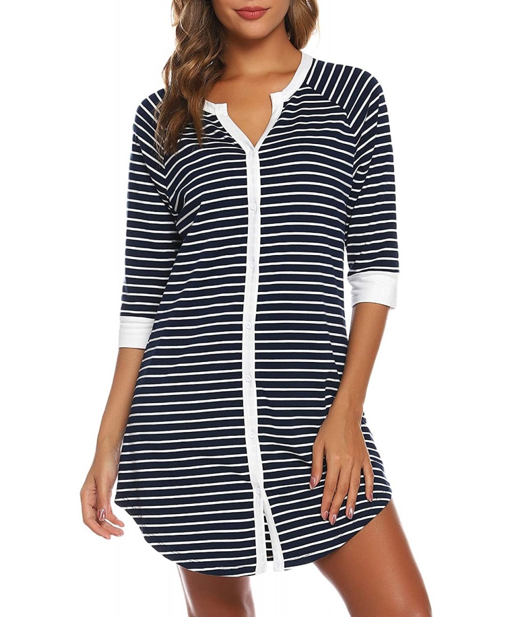 Nightgowns & Sleepshirts Women's Pajama Striped Cotton Nightgown Button Down Nightshirt 3/4 Sleeve Sleepshirt Plus Size - Nav...