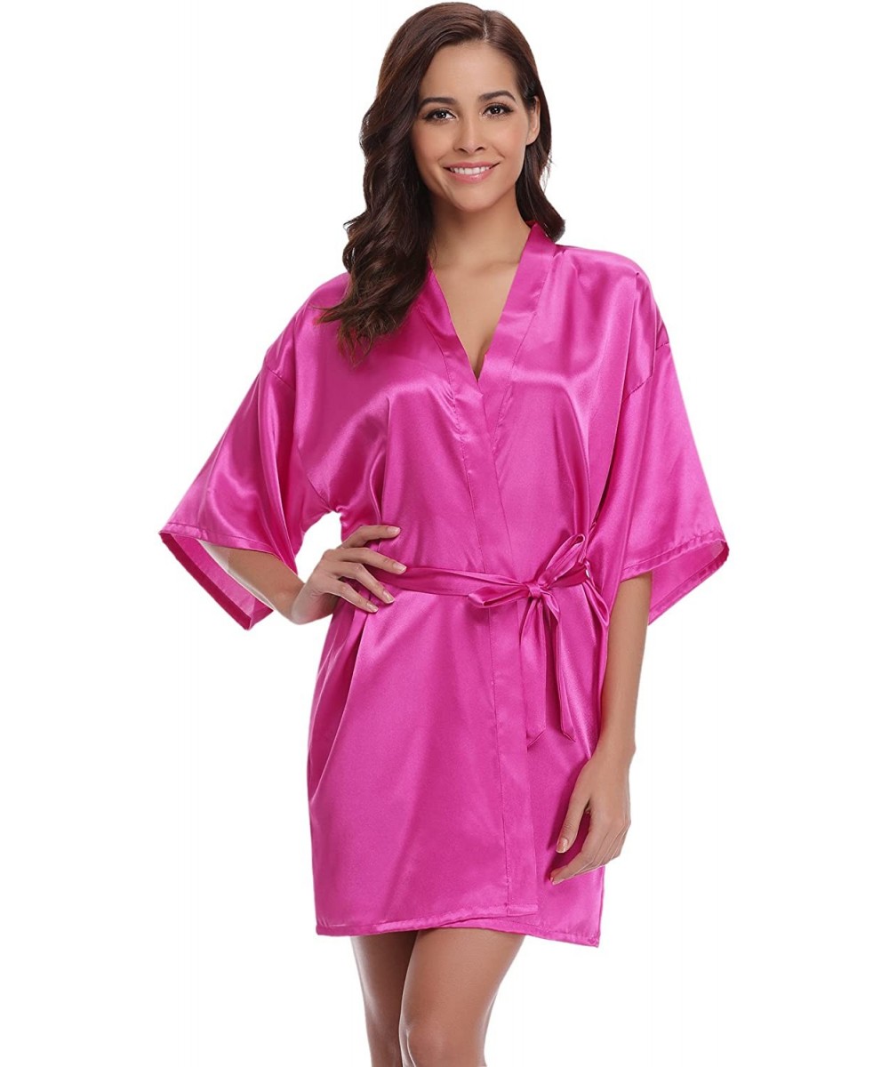 Robes Women's Kimono Robes Satin Pure Colour Short Style with Oblique V-Neck Robe - Rose Red - CP12ISQCLZV