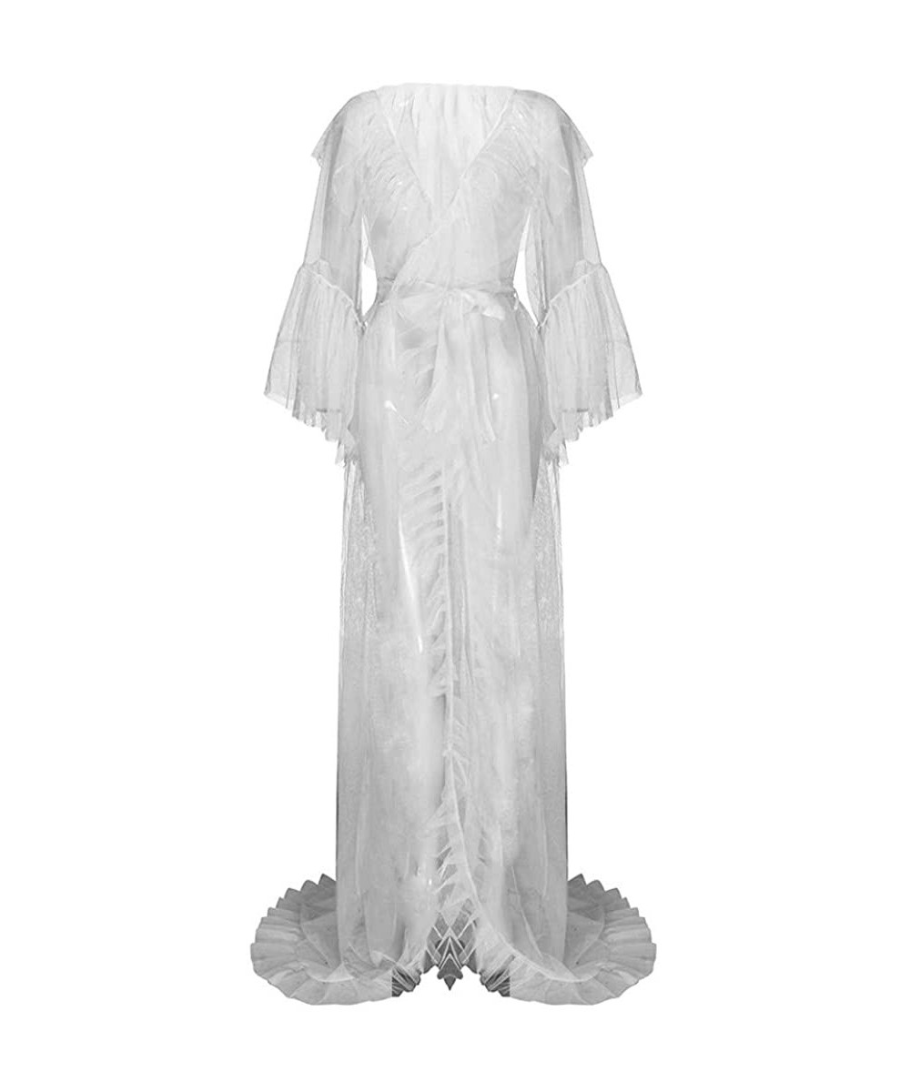 Slips New Women Sexy Mesh Long Ruffle Robe Bathrobe Lingerie Sleepwear Belt Pajamas - White - C018ZQU3NMT