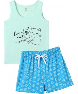 Sets Pajamas for Women Cute Sleepwear Tank & Short Pajama Sets PJ Shorts Set - Green Cat - C5199QG49YD