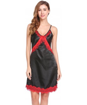 Baby Dolls & Chemises Lingerie Womens Satin Chemise Nightgown Spaghetti Strap Sexy Sleepwear - Black - C5188NHS2RQ