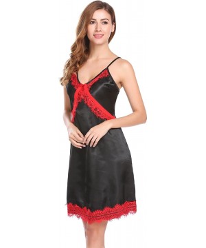 Baby Dolls & Chemises Lingerie Womens Satin Chemise Nightgown Spaghetti Strap Sexy Sleepwear - Black - C5188NHS2RQ