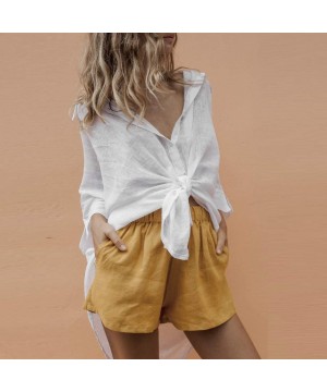 Nightgowns & Sleepshirts Women High Waist Cotton Linen Shorts with Pockets Solid Color Loose Summer Fashion Shorts - Yellow -...