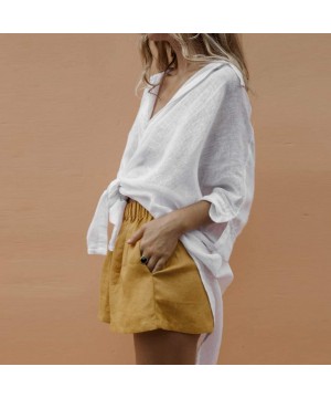 Nightgowns & Sleepshirts Women High Waist Cotton Linen Shorts with Pockets Solid Color Loose Summer Fashion Shorts - Yellow -...