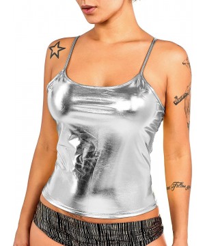 Camisoles & Tanks Women's Sexy Wet Look Metallic Camisole Basic Tank Tops - Silver - C4198KSTWRG