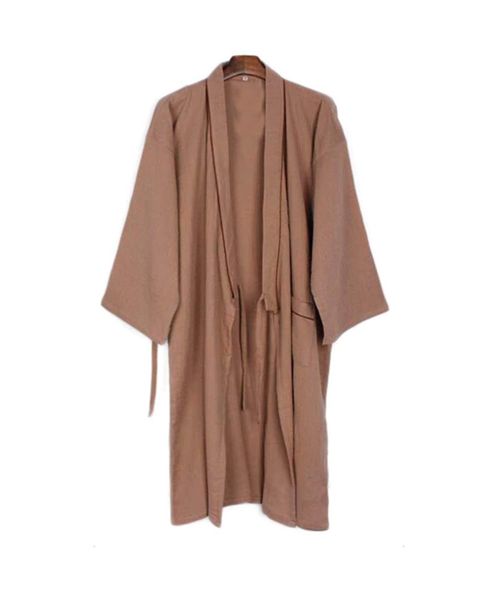 Robes Japanese Style Men Thin Cotton Bathrobe Pajamas Kimono Gown Bathrobes Sleepwear-F08 Camel - CZ18UWO5EQR