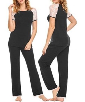 Nightgowns & Sleepshirts Ladies Pajamas Set Lace Sleeves Top with Long Pants PJS - Black - CC187INYTHX