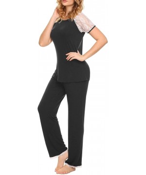 Nightgowns & Sleepshirts Ladies Pajamas Set Lace Sleeves Top with Long Pants PJS - Black - CC187INYTHX