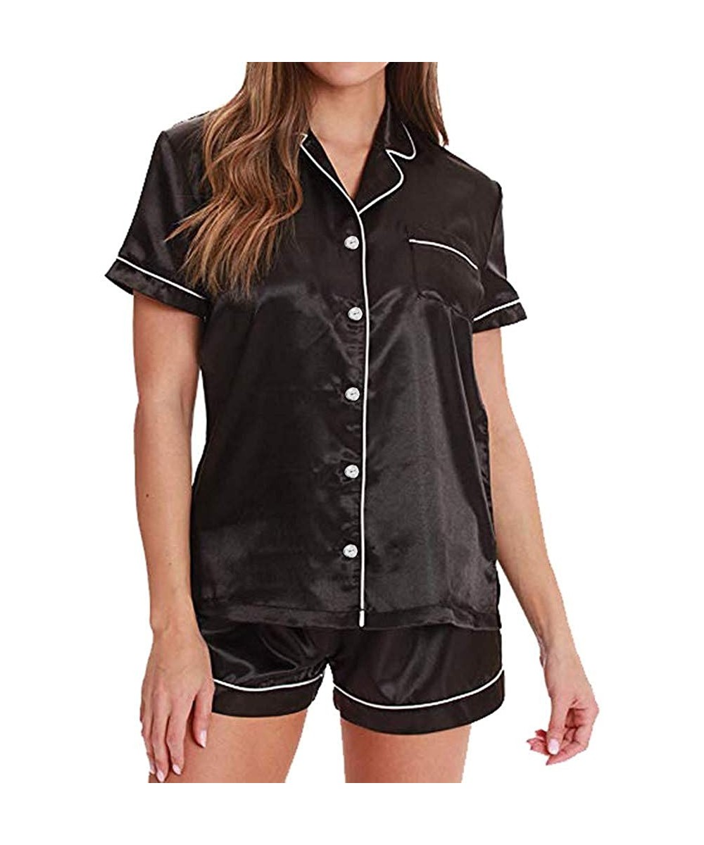 Sets Women Lingeries Summer Home Button up Solid Satin Pajama Short Sleeve Set Sleepwear Thin Lingeries - Black - CU18S6ZSYTG