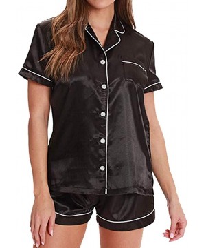 Sets Women Lingeries Summer Home Button up Solid Satin Pajama Short Sleeve Set Sleepwear Thin Lingeries - Black - CU18S6ZSYTG