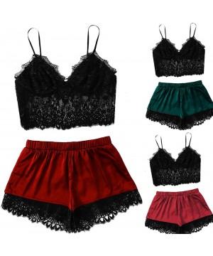 Sets Nightwear for Women Sexy Lace Satin Sleepwear Cami Top and Shorts Pajama Set - Wine Red - CE190WLY04X