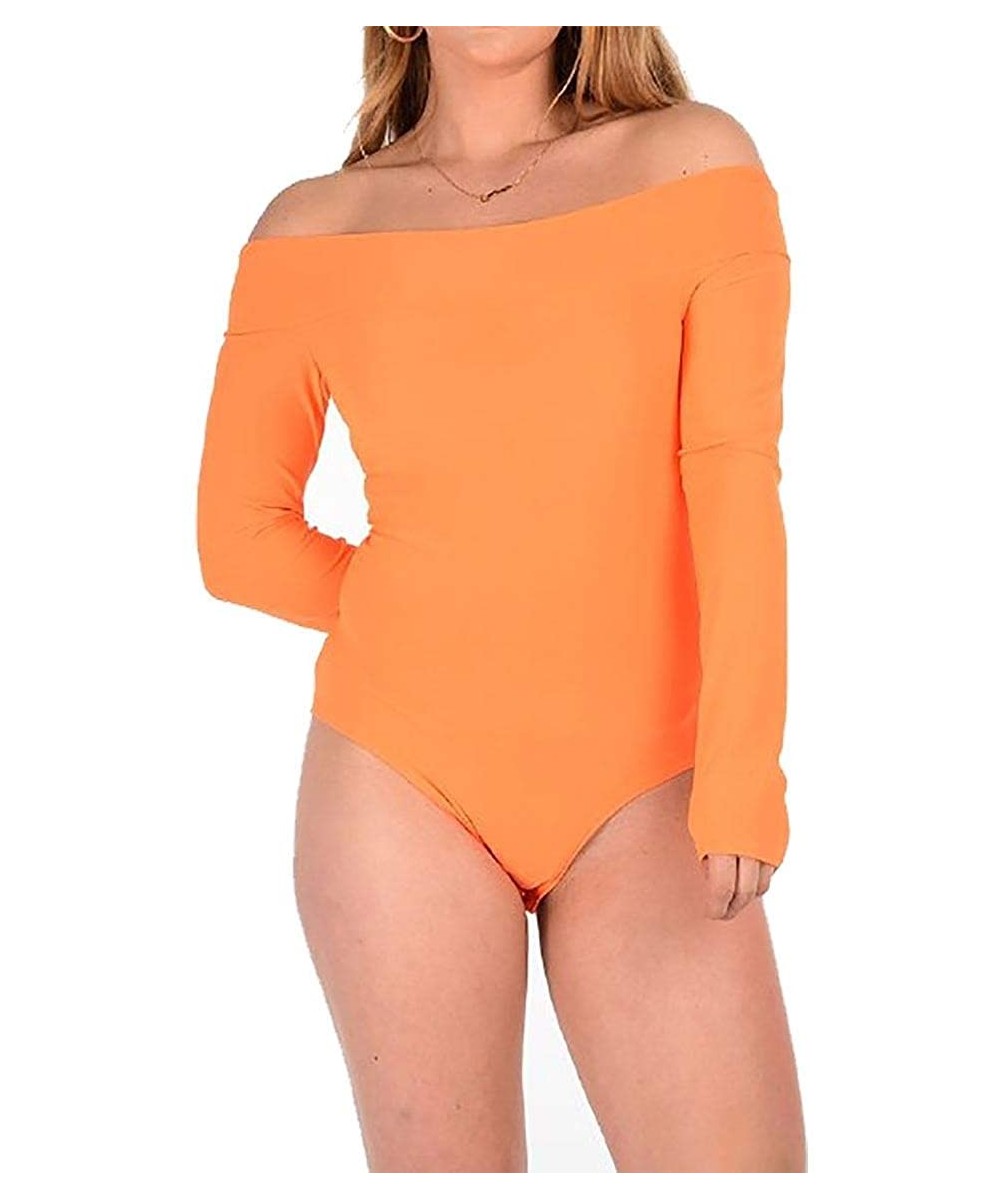 Shapewear Womens Off Shoulder Long Sleeve Bardot Bodysuit Ladies Summer Wear Leotard Top S/3XL - Neon Orange - CX18QS65U2I