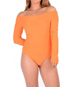 Shapewear Womens Off Shoulder Long Sleeve Bardot Bodysuit Ladies Summer Wear Leotard Top S/3XL - Neon Orange - CX18QS65U2I