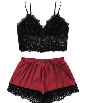 Sets Nightwear for Women Sexy Lace Satin Sleepwear Cami Top and Shorts Pajama Set - Wine Red - CE190WLY04X