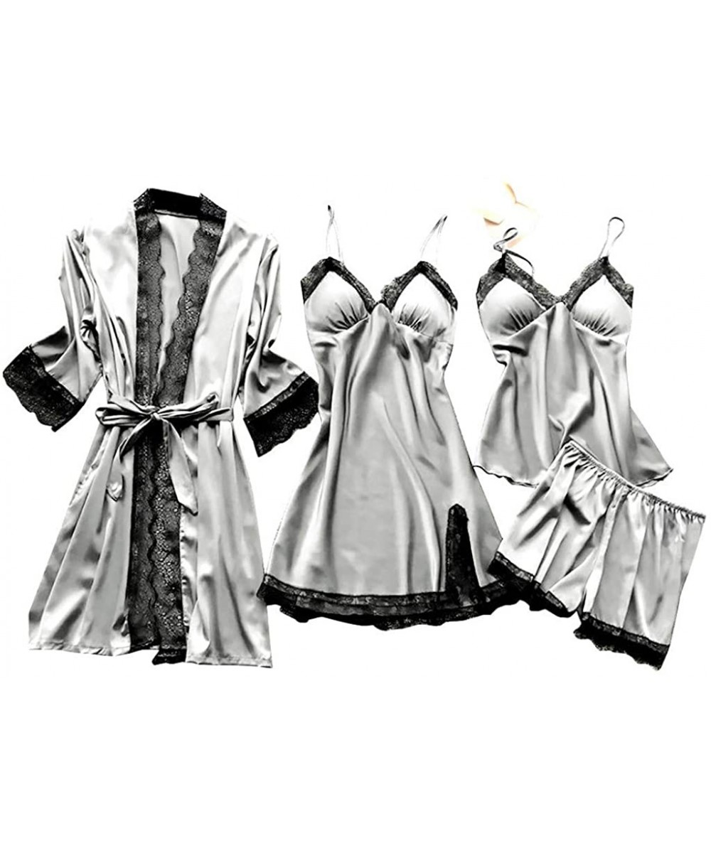 Sets Women Pajamas Set Ladies Plus Size Sexy Lace V-Neck Robe Dress Babydoll Sleepwear Nightdress 4pcs Set - Gray - C4194DTRZXN