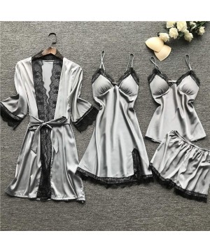 Sets Women Pajamas Set Ladies Plus Size Sexy Lace V-Neck Robe Dress Babydoll Sleepwear Nightdress 4pcs Set - Gray - C4194DTRZXN