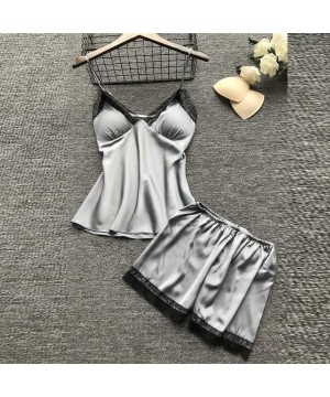 Sets Women Pajamas Set Ladies Plus Size Sexy Lace V-Neck Robe Dress Babydoll Sleepwear Nightdress 4pcs Set - Gray - C4194DTRZXN