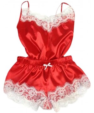 Accessories Women Sexy 2Pcs Pajamas Set Satin Silk Sleepwear Lace Trim V Neck Lingerie Shorts Homewear - E-red - CN194TRDXS4