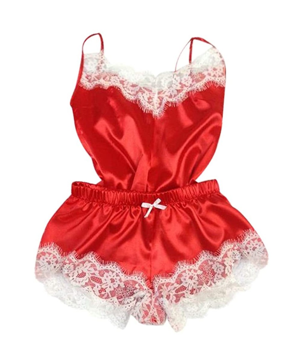 Accessories Women Sexy 2Pcs Pajamas Set Satin Silk Sleepwear Lace Trim V Neck Lingerie Shorts Homewear - E-red - CN194TRDXS4