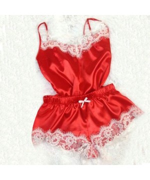 Accessories Women Sexy 2Pcs Pajamas Set Satin Silk Sleepwear Lace Trim V Neck Lingerie Shorts Homewear - E-red - CN194TRDXS4