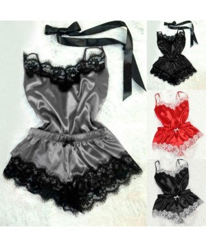 Accessories Women Sexy 2Pcs Pajamas Set Satin Silk Sleepwear Lace Trim V Neck Lingerie Shorts Homewear - E-red - CN194TRDXS4