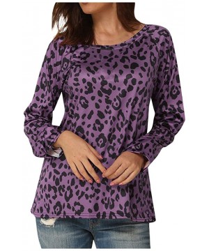 Thermal Underwear Women Leopard Print Slanted Top Loose Casual Long Sleeve Round Neck T-Shirts Blouse - Purple - C319775A926