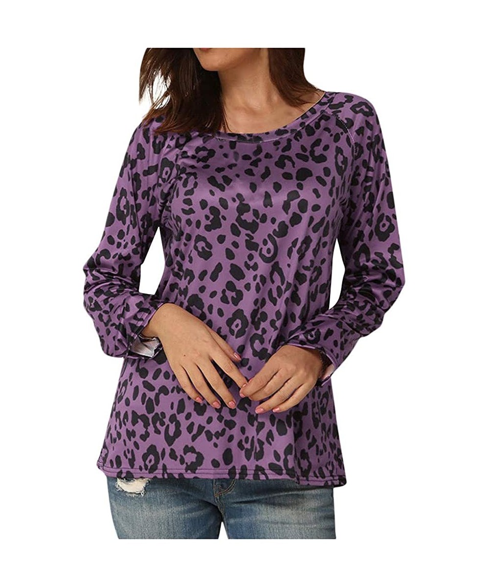 Thermal Underwear Women Leopard Print Slanted Top Loose Casual Long Sleeve Round Neck T-Shirts Blouse - Purple - C319775A926