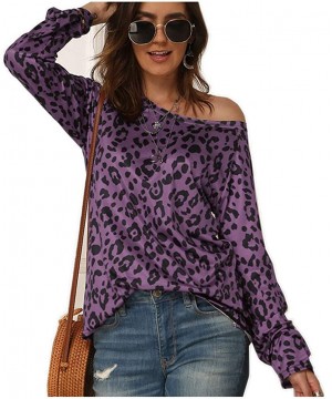 Thermal Underwear Women Leopard Print Slanted Top Loose Casual Long Sleeve Round Neck T-Shirts Blouse - Purple - C319775A926