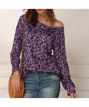 Thermal Underwear Women Leopard Print Slanted Top Loose Casual Long Sleeve Round Neck T-Shirts Blouse - Purple - C319775A926