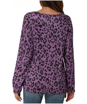 Thermal Underwear Women Leopard Print Slanted Top Loose Casual Long Sleeve Round Neck T-Shirts Blouse - Purple - C319775A926