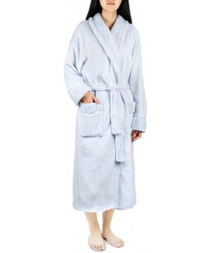 Robes Deluxe Women Fleece Robe with Satin Trim | Luxurious Plush Spa Bathrobe Waffle Design - Light Blue - CO19ED8EZ0E