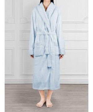 Robes Deluxe Women Fleece Robe with Satin Trim | Luxurious Plush Spa Bathrobe Waffle Design - Light Blue - CO19ED8EZ0E