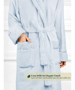 Robes Deluxe Women Fleece Robe with Satin Trim | Luxurious Plush Spa Bathrobe Waffle Design - Light Blue - CO19ED8EZ0E