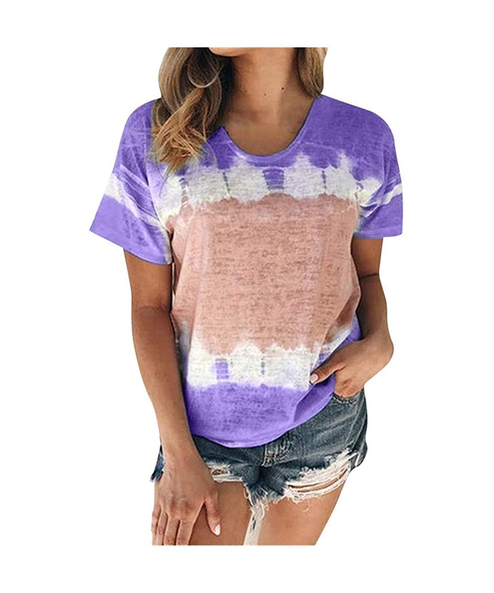 Thermal Underwear Women's Plus Size Tie-Dye Short Sleeve T-Shirt Summer Crew-Neck Casual Tee Tops - Purple - CN19C2O7ES8