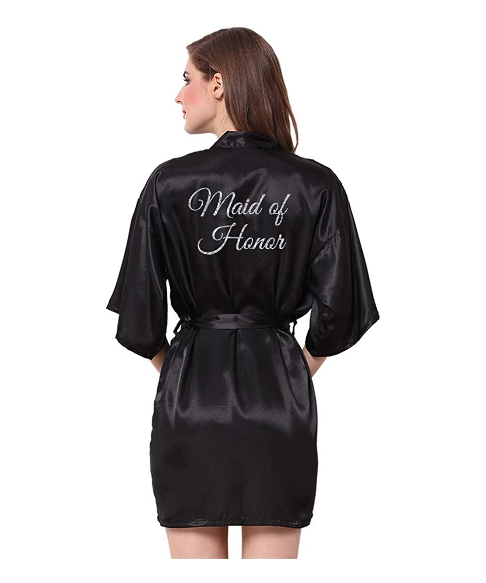 Robes Satin Kimono Wedding Party Getting Ready Robe with Glitters - D-black (Maid of Honor) - C618WWIDD70