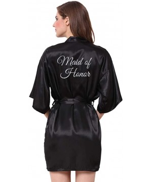 Robes Satin Kimono Wedding Party Getting Ready Robe with Glitters - D-black (Maid of Honor) - C618WWIDD70