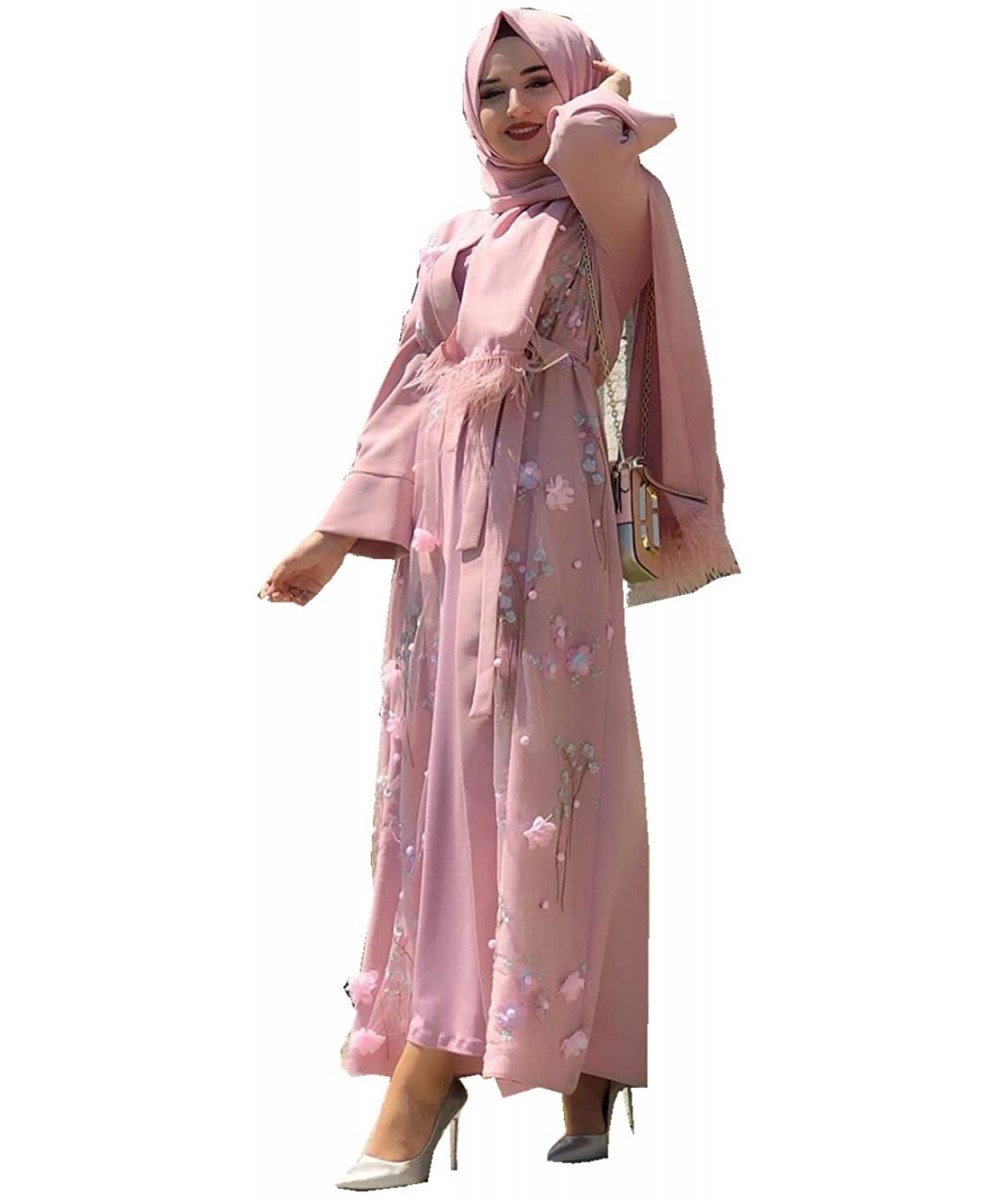 Robes Elegant Muslim Dresses for Women Long Dress Women Abaya Dress Islamic National Robe - Pink - C219DO6O98E