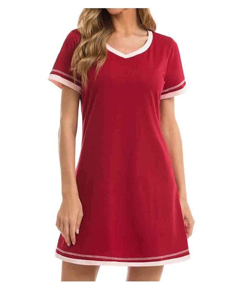 Nightgowns & Sleepshirts Womens Cozy Crewneck Daily Short-Sleeve Contrast Nightwear Sleepwear - Wine Red - C01900M26LM